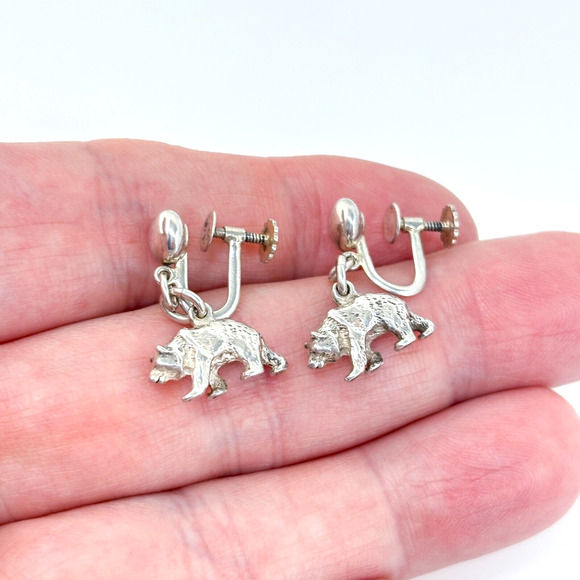 Vintage Sterling Silver 925 Bear Dangle Screw-Back Earrings - Picture 1 of 8